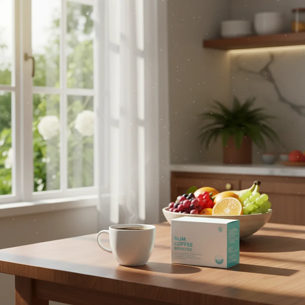 Bright morning kitchen scene with a mug of coffee and the Slim Coffee Booster box on a wooden table